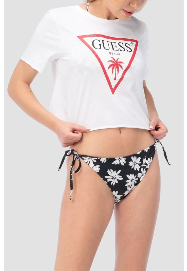 Guess - GUESS Biały damski krótki t-shirt z logo na krótki rękaw Logo Crop, Rozmiar L. Okazja: na co dzień. Kolor: biały. Długość rękawa: krótki rękaw. Długość: krótkie. Styl: casual