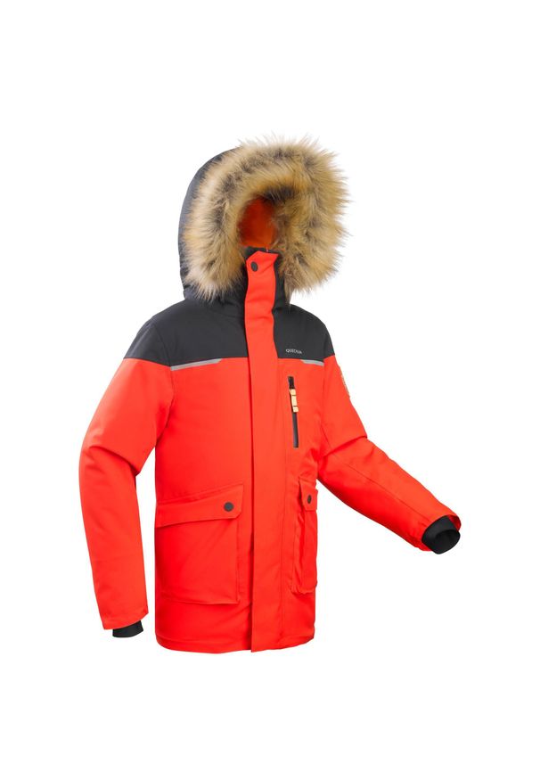 quechua - Parka turystyczna dla dzieci Quechua SH500 Ultra-Warm -19°C wodoodporna. Typ kołnierza: kołnierzyk stójkowy. Kolor: pomarańczowy, szary, wielokolorowy, czerwony. Materiał: futro. Sezon: zima. Styl: elegancki