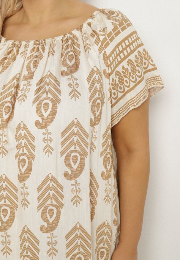 Born2be - Beżowa Wiskozowa Sukienka ze Wzorem Boho Ellivra. Okazja: na co dzień. Kolor: beżowy. Materiał: wiskoza. Wzór: aplikacja. Styl: boho