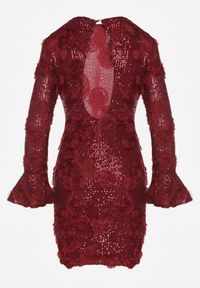 Born2be - Bordowa Cekinowa Sukienka z Kwiatami 3D Naweda. Okazja: na spotkanie biznesowe. Kolor: czerwony. Materiał: poliester, jeans. Wzór: kwiaty. Styl: biznesowy #3