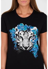 Guess - GUESS Czarny damski t-shirt bawełniany z printem, Rozmiar M. Kolor: czarny. Materiał: bawełna. Wzór: nadruk