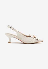 Renee - Białe Sandały na Kaczuszce Typu Slingback Ozdobione Klamrą Tolirea. Okazja: na co dzień. Zapięcie: klamry. Kolor: biały. Wzór: aplikacja. Obcas: na szpilce. Styl: casual, klasyczny, elegancki. Wysokość obcasa: średni #3