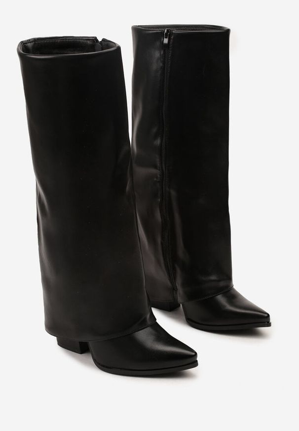 Renee - Czarne Kozaki Kowbojki na Stożkowym Obcasie Ozdobione Wywiniętą Cholewką Nalunisa. Okazja: na co dzień. Kolor: czarny. Materiał: jeans. Szerokość cholewki: normalna. Wzór: aplikacja. Obcas: na obcasie. Styl: casual, elegancki. Wysokość obcasa: średni