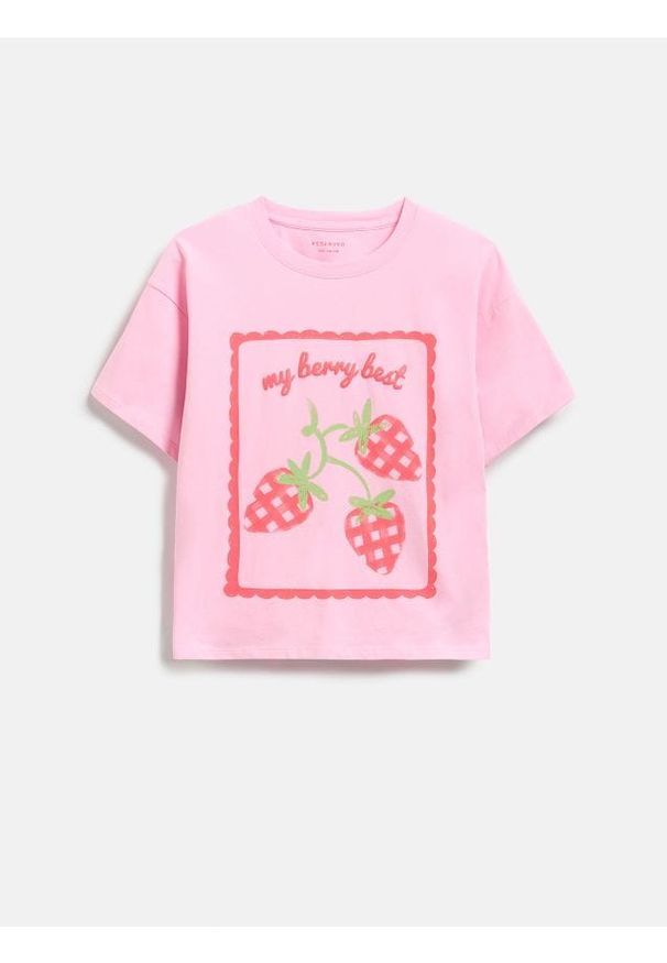 Reserved - T-shirt z nadrukiem - różowy. Kolor: różowy. Materiał: bawełna. Wzór: nadruk