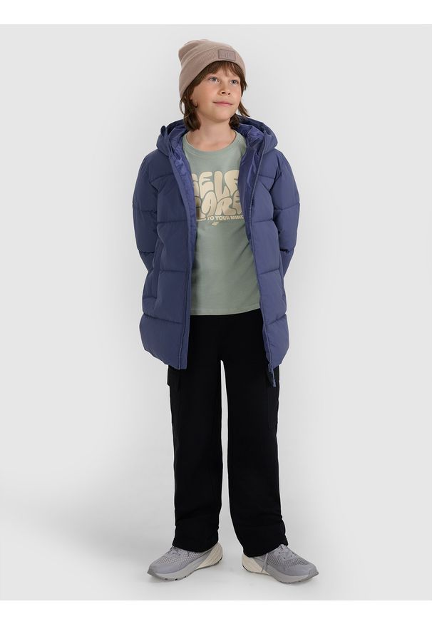 4f - 4F Kurtka puchowa z wypełnieniem syntetycznym chłopięca - granatowa 158 (12-13 lat). Okazja: na co dzień. Kolor: niebieski. Materiał: puch, syntetyk. Wzór: gładki. Sezon: lato. Styl: casual