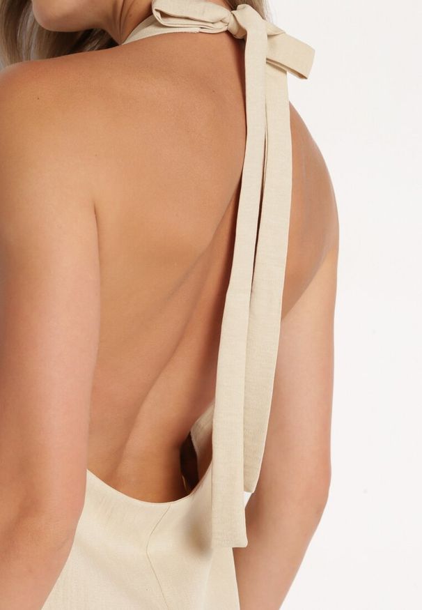 Born2be - Beżowa Sukienka z Wiązaniem na Szyi i Kieszeniami o Trapezowym Kroju Nestatasha. Kolor: beżowy. Typ sukienki: trapezowe