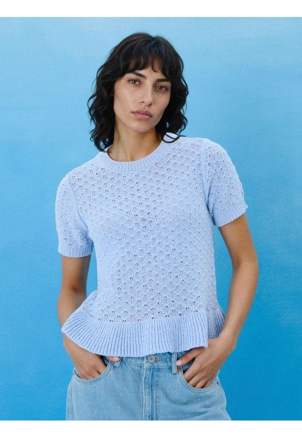 Sinsay - Ażurowy sweter - błękitny. Kolor: niebieski. Wzór: ażurowy