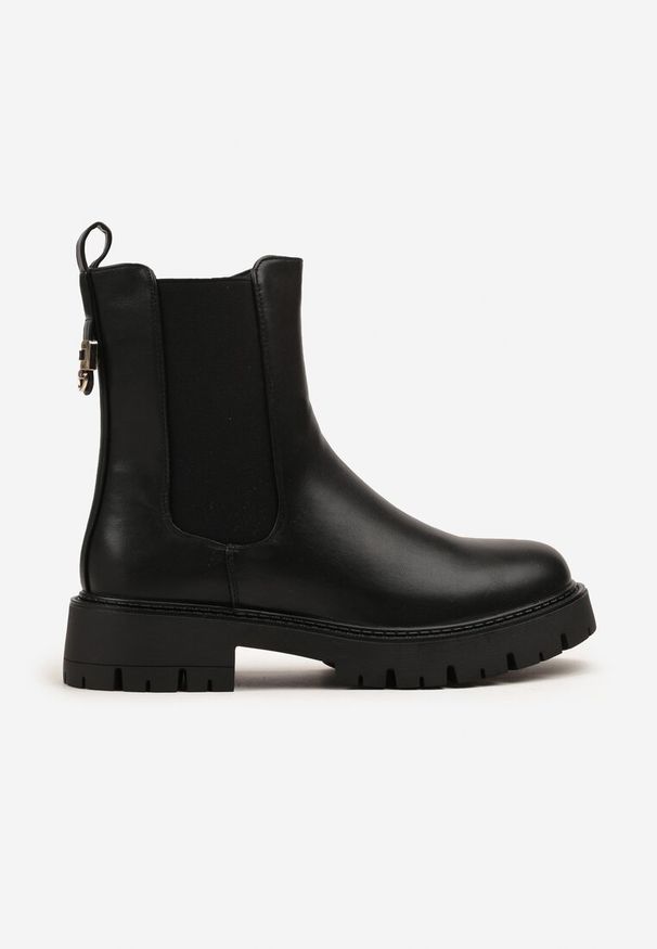 Born2be - Czarne Botki Sztyblety z Metaliczną Aplikacją z Tyłu Naluneia. Okazja: na co dzień. Kolor: czarny. Materiał: jeans, skóra. Wzór: aplikacja. Styl: casual