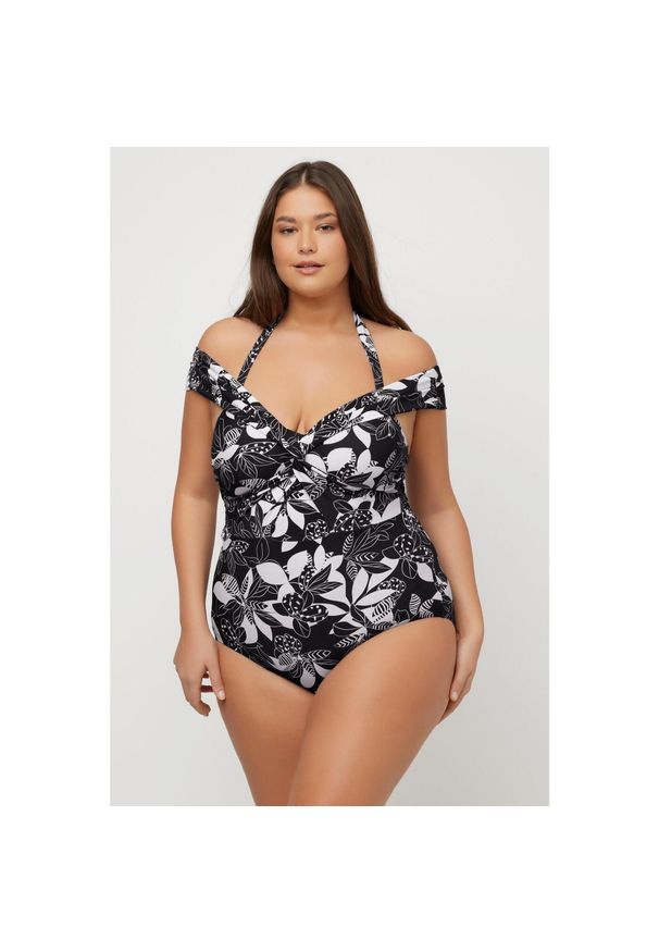 ULLA POPKEN - Damski Kostium kąpielowy kwiaty usztywniane miseczki wycięcie. Kolekcja: plus size. Kolor: czarny. Materiał: elastan, poliamid, materiał. Wzór: kwiaty