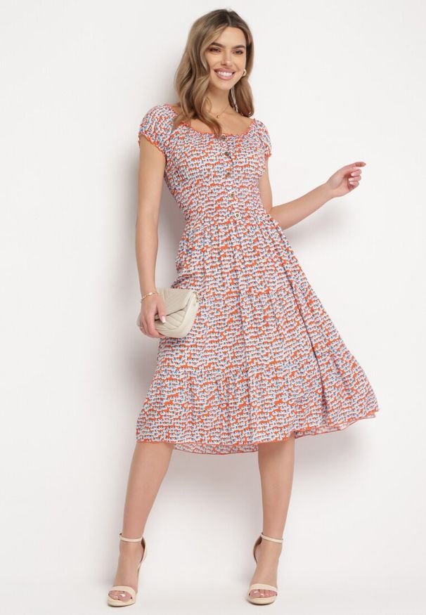 Born2be - Pomarańczowo-Niebieska Wiskozowa Sukienka Midi Rozkloszowana z Metalowymi Guzikami Exodia. Kolor: pomarańczowy. Materiał: wiskoza. Styl: klasyczny, elegancki. Długość: midi