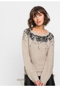 bonprix - Sweter z kolorowymi cekinami. Kolor: beżowy. Wzór: kolorowy. Styl: elegancki #1