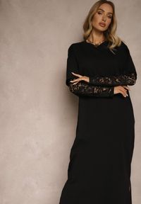 Renee - Czarna Sukienka z Bawełny o Kroju Typu T-shirt z Koronką i Rozcięciami Tanisla. Okazja: na co dzień. Kolor: czarny. Materiał: bawełna, koronka. Wzór: koronka. Typ sukienki: proste, sportowe. Styl: sportowy, elegancki, casual #5