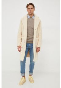 Trussardi Jeans - Trussardi sweter z domieszką wełny męski kolor beżowy lekki. Kolor: beżowy. Materiał: wełna. Długość rękawa: raglanowy rękaw. Styl: klasyczny #3