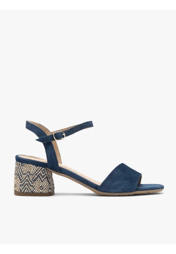 Ryłko - Granatowe sandały na dekoracyjnie obleczonym obcasie. Kolor: niebieski. Materiał: skóra, welur. Obcas: na obcasie. Styl: street. Wysokość obcasa: średni