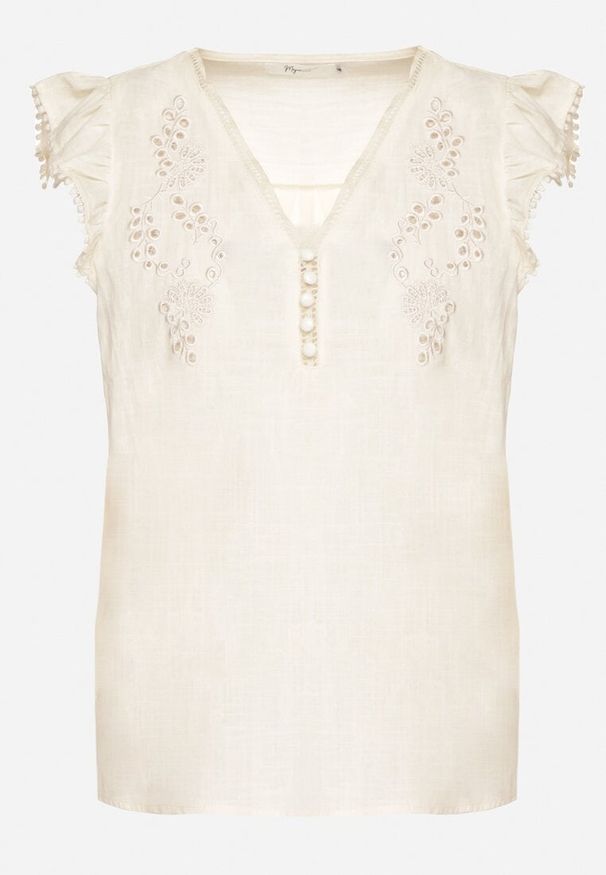 Born2be - Beżowa Bawełniana Bluzka Zdobiona Haftem i Falbanką Taloretia. Okazja: na co dzień. Typ kołnierza: dekolt w serek. Kolor: beżowy. Materiał: bawełna. Długość rękawa: krótki rękaw. Długość: krótkie. Wzór: haft, aplikacja. Styl: casual, elegancki