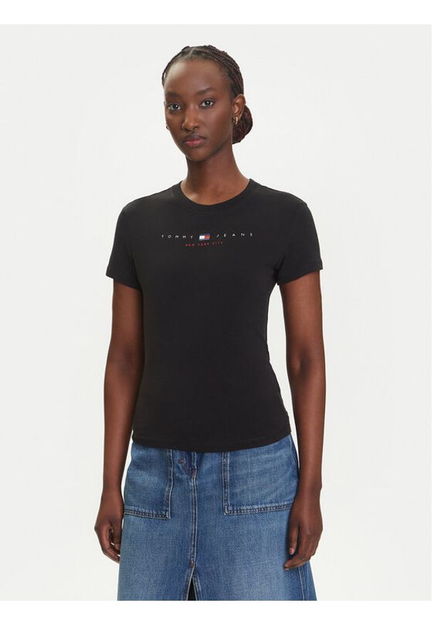 Tommy Jeans T-Shirt Linear DW0DW21422 Czarny Slim Fit. Kolor: czarny. Materiał: bawełna