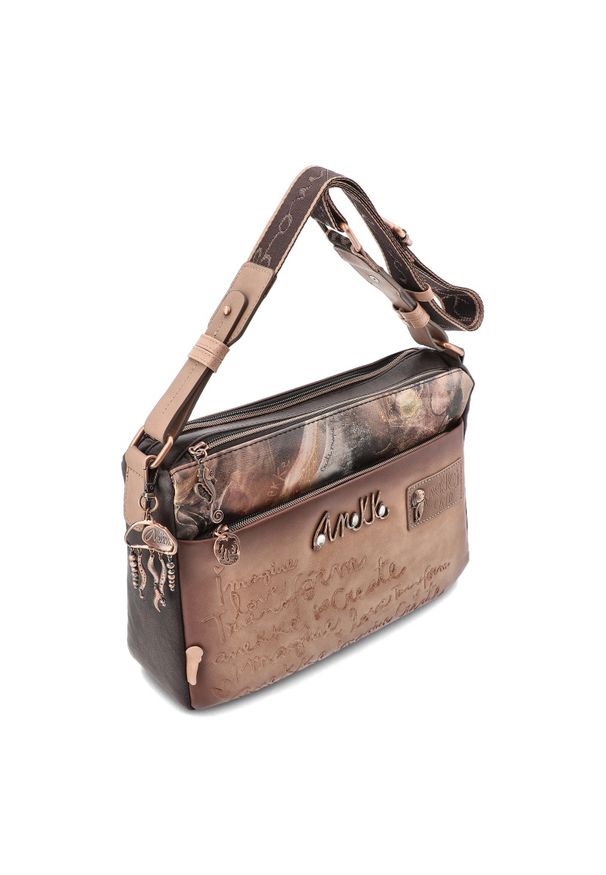 Brązowa Stylowa Torebka Anekke Modna Listonoszka Damska. Kolor: brązowy. Wzór: aplikacja, napisy. Styl: elegancki