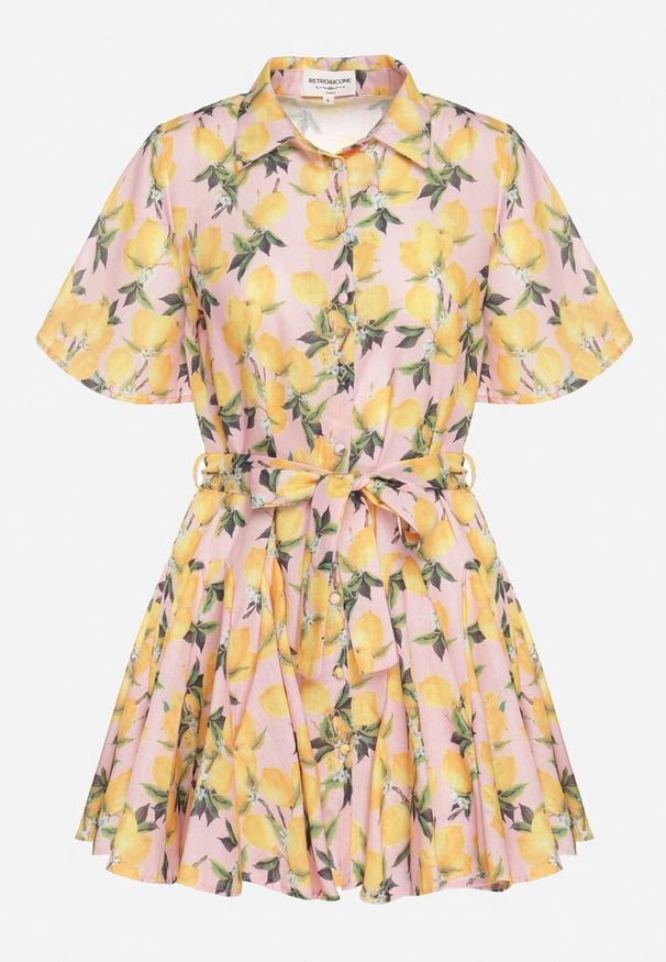 Born2be - Różowa Sukienka Koszulowa o Rozkloszowanym Kroju z Wiązanym Paskiem Laviliona. Okazja: na co dzień. Kolor: różowy. Materiał: jeans. Typ sukienki: koszulowe. Styl: casual, elegancki