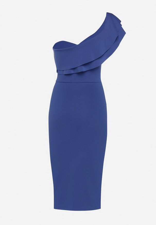 Born2be - Granatowa Koktajlowa Sukienka Bodycon na Jedno Ramię Ozdobiona Falbanką Uvalia. Kolor: niebieski. Materiał: dzianina. Wzór: aplikacja. Typ sukienki: bodycon. Styl: wizytowy