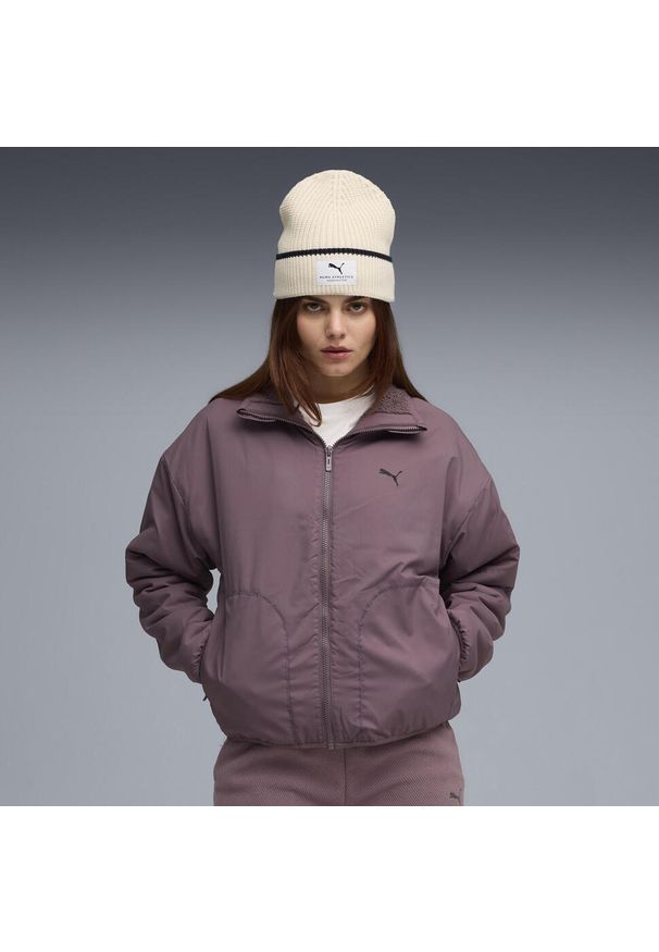 Puma - Damska dwustronna kurtka hybrydowa z dzianiną typu baranek PUMA Raisin Purple. Kolor: fioletowy. Materiał: dzianina. Wzór: gładki. Sport: bieganie