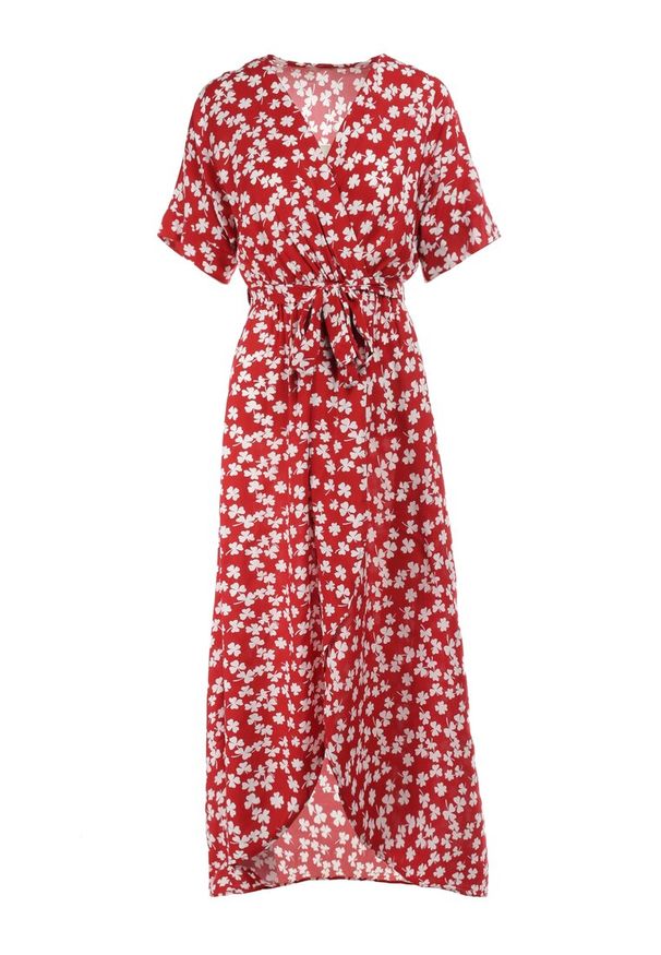 Born2be - Czerwona Sukienka Achanie. Typ kołnierza: dekolt w serek. Kolor: czerwony. Materiał: wiskoza, materiał. Długość rękawa: krótki rękaw. Typ sukienki: kopertowe, asymetryczne. Długość: maxi