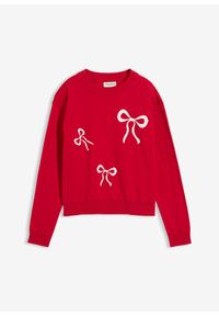 bonprix - Cienki sweter z nadrukiem kokardki. Typ kołnierza: kokarda. Kolor: czerwony. Wzór: nadruk #1