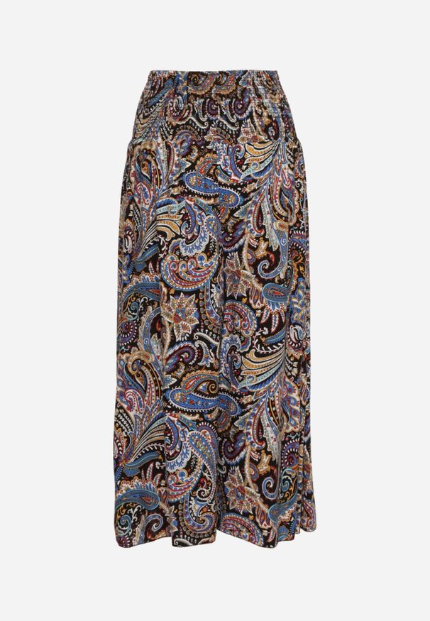 Renee - Czarno-Granatowe Spodnie Culottes z Bawełnianej Tkaniny Ozdobione Wzorem Paisley Gwinamas. Kolor: czarny. Materiał: tkanina, bawełna. Wzór: aplikacja, paisley. Styl: wakacyjny