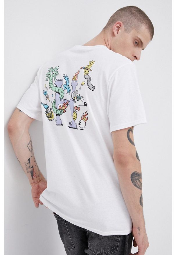HUF - T-shirt bawełniany x Steven Harrington. Okazja: na co dzień. Kolor: biały. Materiał: bawełna. Wzór: nadruk. Styl: casual