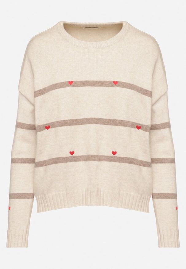 Born2be - Beżowy Sweter w Paski z Wyhaftowanymi Serduszkami Nerisea. Kolor: beżowy. Wzór: paski. Styl: elegancki