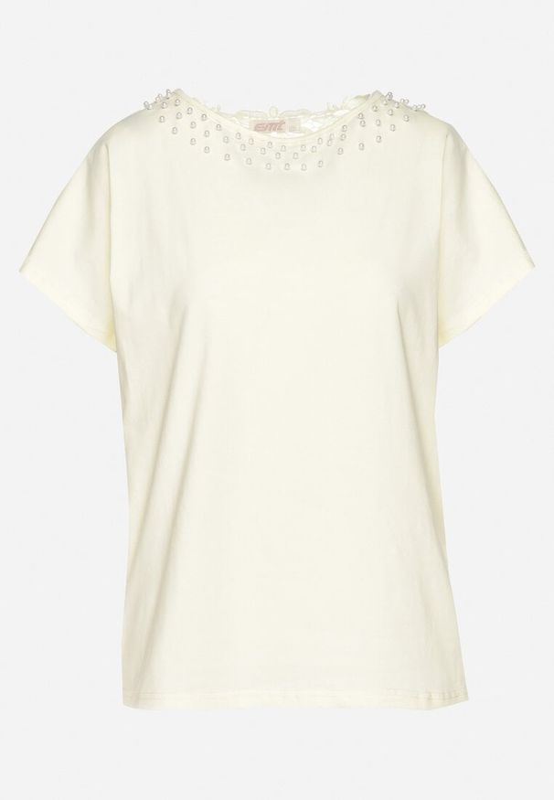Born2be - Żółty Bawełniany T-shirt Nietoperz z Perłami i Koronką Eleziria. Okazja: na co dzień. Kolor: żółty. Materiał: koronka, bawełna. Wzór: koronka. Styl: casual