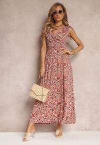 Renee - Pomarańczowa Kwiecista Sukienka Maxi z Gumką w Talii z Wiskozy Aslana. Kolor: pomarańczowy. Materiał: wiskoza. Długość rękawa: bez rękawów. Sezon: lato, wiosna. Typ sukienki: kopertowe, rozkloszowane. Długość: maxi #3
