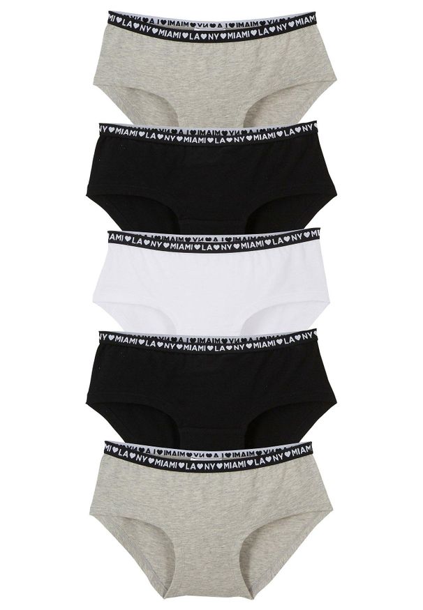 bonprix - Figi panty z miękką bawełną (5 par). Kolor: czarny. Materiał: bawełna. Wzór: nadruk, napisy