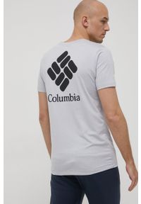 columbia - Columbia t-shirt sportowy Tech Trail Graphic kolor szary z nadrukiem. Kolor: szary. Materiał: materiał, skóra, włókno. Wzór: nadruk. Styl: sportowy