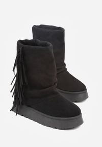 Born2be - Czarne Botki w Stylu Śniegowców z Frędzlami i Cholewką Imitującą Nogawkę Sierafera. Zapięcie: bez zapięcia. Kolor: czarny. Materiał: jeans. Szerokość cholewki: normalna #2