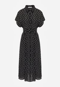 Born2be - Czarna Koszulowa Sukienka z Wiskozy w Groszki z Wiązanym Paskiem w Talii Heless. Okazja: na co dzień, na spacer. Kolor: czarny. Materiał: wiskoza. Wzór: grochy. Typ sukienki: koszulowe. Styl: casual, klasyczny, retro #7