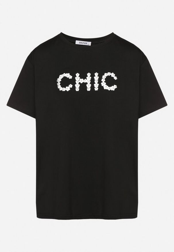 Born2be - Czarny T-shirt Bawełniany z Napisem i Perełkami Nalinor. Okazja: na co dzień. Kolor: czarny. Materiał: bawełna. Wzór: napisy. Styl: elegancki, casual