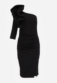 Renee - Czarna Elegancka Sukienka Asymetryczna z Ozdobą przy Ramieniu o Dopasowanym Kroju Tesson. Kolor: czarny. Materiał: materiał, poliester, elastan. Wzór: aplikacja. Typ sukienki: asymetryczne. Styl: elegancki #4