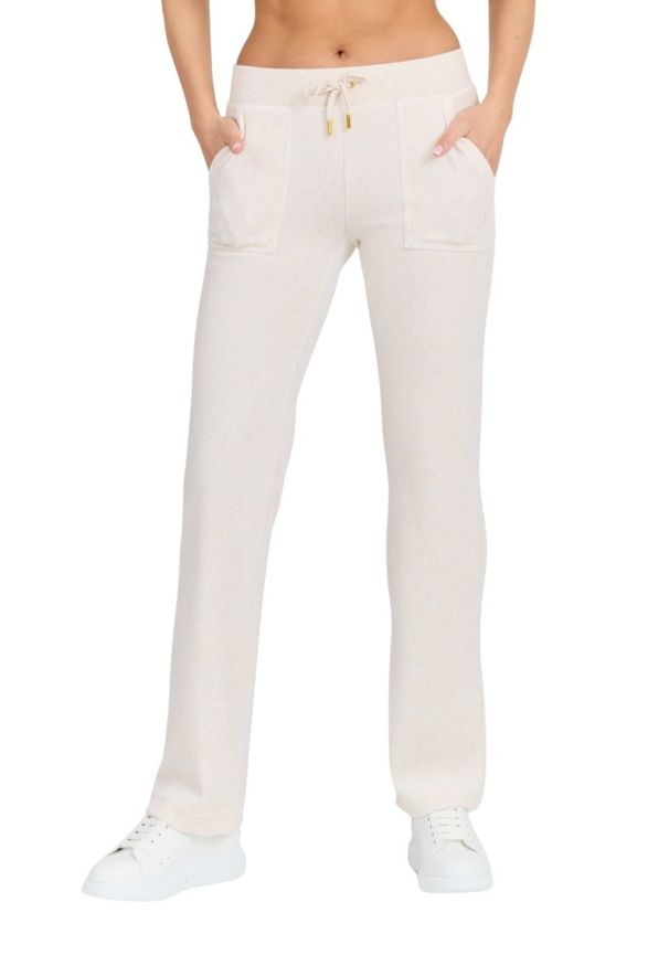 Juicy Couture - JUICY COUTURE Damskie beżowe dresowe spodnie Del Ray Gold HW. Kolor: beżowy. Materiał: dresówka. Długość: długie