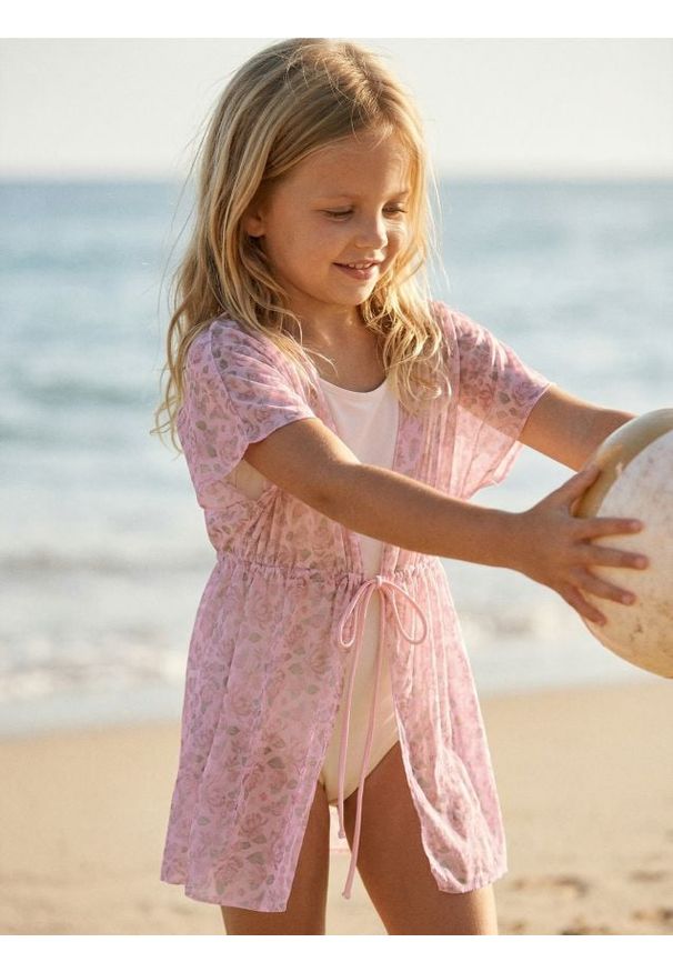 Sinsay - Ponczo plażowe z wiązaniem w kwiatki - różowy. Kolor: różowy. Wzór: kwiaty