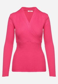 Born2be - Fuksjowy Dopasowany Sweter w Prążki z Kopertowym Dekoltem Masasani. Kolor: różowy. Materiał: bawełna. Wzór: prążki
