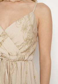 Born2be - Beżowa Sukienka Boho z Wiskozy na Ramiączkach Zdobiona Metalicznym Haftem Saleriela. Okazja: na spacer, na co dzień. Kolor: beżowy. Materiał: wiskoza. Długość rękawa: na ramiączkach. Wzór: aplikacja, haft. Typ sukienki: rozkloszowane. Styl: boho #3