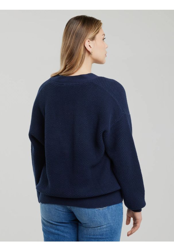 Big-Star - Sweter kardigan damski o strukturalnym splocie granatowy Sabira 403. Kolor: niebieski. Materiał: jeans. Długość: krótkie. Wzór: ze splotem. Styl: elegancki