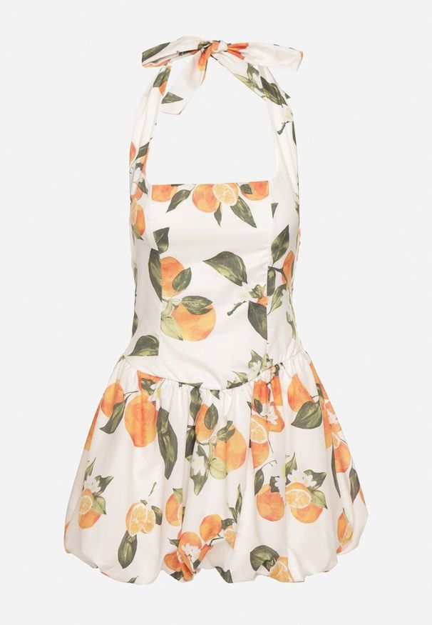 Born2be - Beżowa Sukienka o Kroju Bombki z Motywem Owoców Silmira. Okazja: na co dzień. Kolor: beżowy. Typ sukienki: bombki. Styl: casual, elegancki