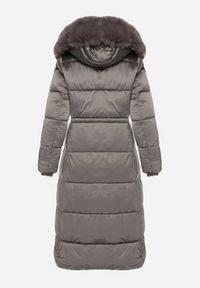 Born2be - Szara Długa Kurtka Puchowa z Pikowanymi Przeszyciami i Kapturem z Futrem Zevea. Okazja: na spacer, na co dzień. Kolor: szary. Materiał: futro, puch. Długość: długie. Styl: casual, elegancki #2