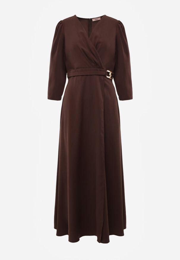 Born2be - Brązowa Kopertowa Sukienka Wieczorowa z Metaliczną Aplikacją w Talii Henalana. Okazja: na imprezę. Typ kołnierza: dekolt w serek. Kolor: brązowy. Wzór: aplikacja. Typ sukienki: kopertowe. Styl: wizytowy