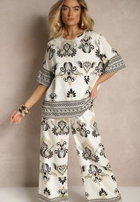 Renee - Czarno-Beżowy Wiskozowy Komplet w Orientalny Print Szerokie Spodnie i T-shirt Pollialia. Kolor: czarny. Materiał: wiskoza. Wzór: nadruk