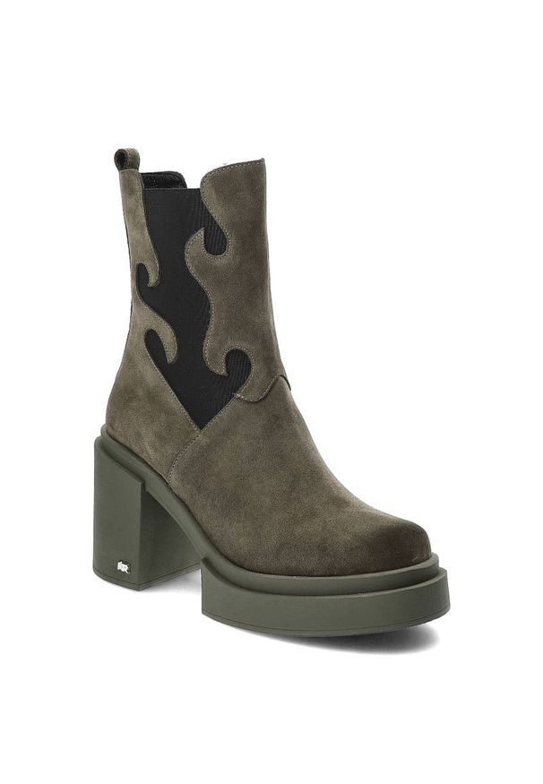 Zielone Botki Karino Modne Buty Na Obcasie. Kolor: zielony. Materiał: welur, zamsz. Obcas: na obcasie. Styl: klasyczny. Wysokość obcasa: średni