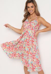 Born2be - Różowa Bawełniana Sukienka z Wiązaniem na Szyi i Plecach Risalliem. Kolor: różowy. Materiał: bawełna. Typ sukienki: rozkloszowane #2