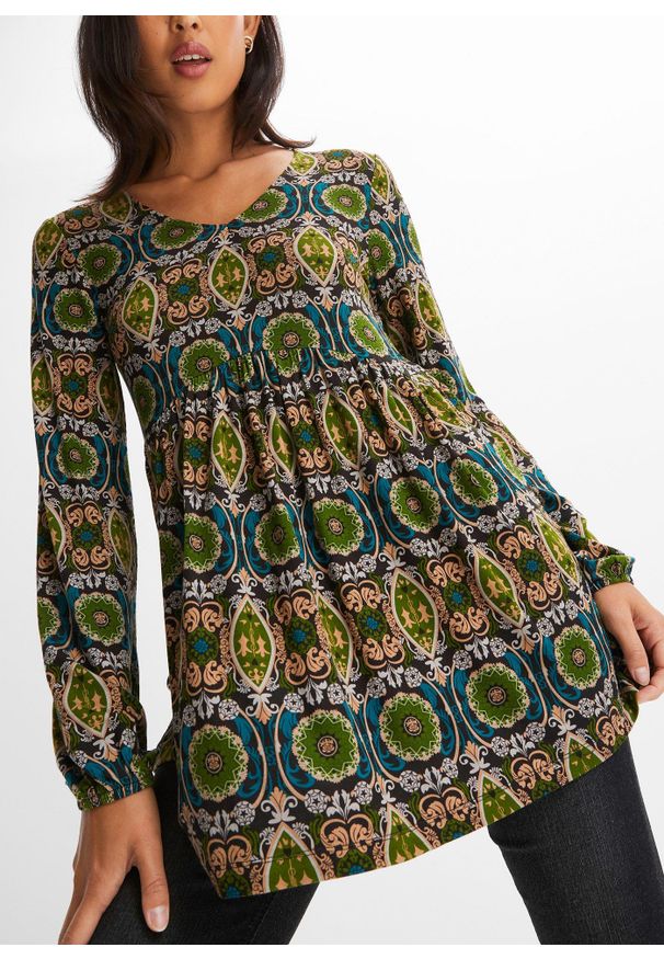 bonprix - Bluzka shirtowa. Typ kołnierza: dekolt w serek. Kolor: czarny. Wzór: nadruk. Sezon: jesień