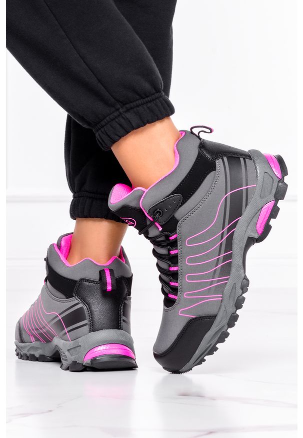 Casu - Szare buty trekkingowe sznurowane softshell casu b1530-4. Okazja: na spacer. Kolor: szary, różowy, wielokolorowy. Materiał: softshell. Szerokość cholewki: normalna. Styl: sportowy
